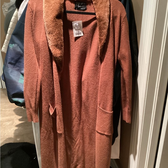 Jackets & Blazers - Twelfth Love Faux Fur Collar Rust Open Front Cardigan